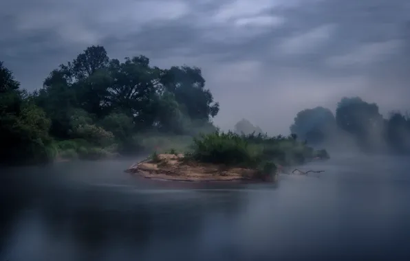 Картинка деревья, пейзаж, ночь, природа, туман, река, кусты, Андрей Чиж