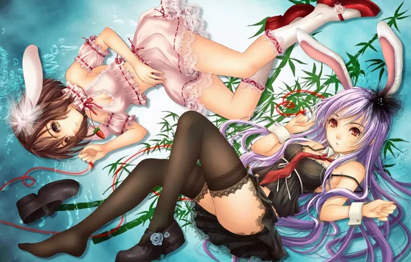 Girl, sexy, cleavage, blouse, thighhighs, long hair, boobs, anime
