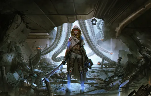 Девушка, роботы, арт, sci-fi, Cyberpunk