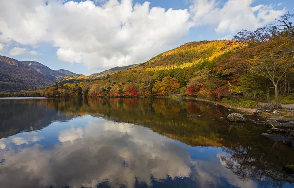 Картинка осень, лес, облака, горы, озеро, отражение