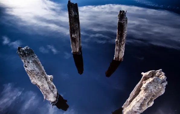 Sky, wood, blue, water, clouds, reflection