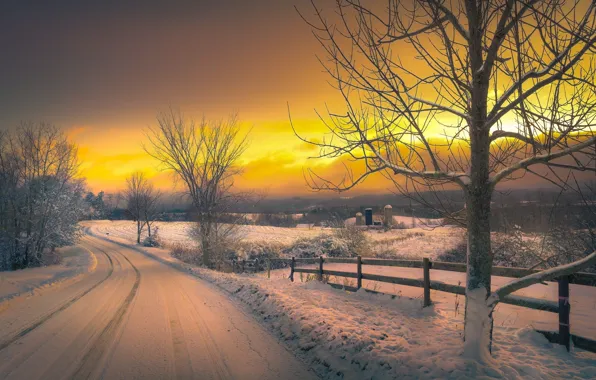 Картинка зима, дорога, снег, закат, вечер, деревня