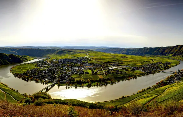 Картинка река, поля, гора, дома, даль, Германия, городок, мосты