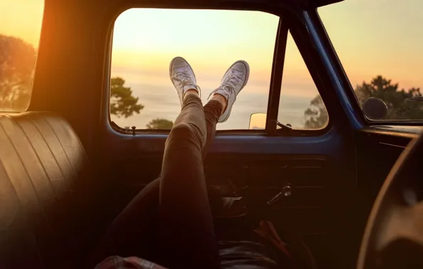 Girl, Car, Sunset, Mood