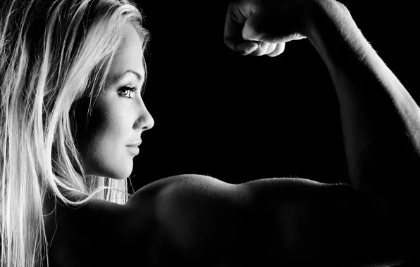 Взгляд, поза, черное, блондинка, профиль, атлет, бицепс, fitness