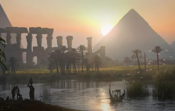 Вечер, арт, пирамида, египет, Assassin's Creed Origins