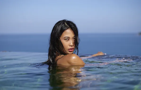 Sexy, pool, beautiful, erotic, outdoor, wet hair, looking at camera, in water