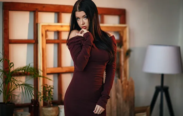 Модель, растения, макияж, фигура, платье, брюнетка, прическа, торшер