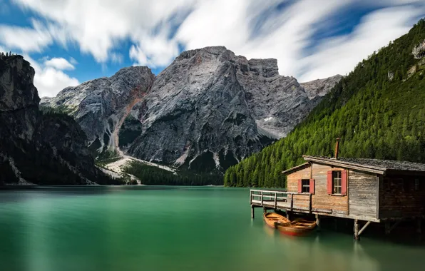 Картинка горы, озеро, лодки, Италия, домик, Italy, Доломитовые Альпы, Южный Тироль