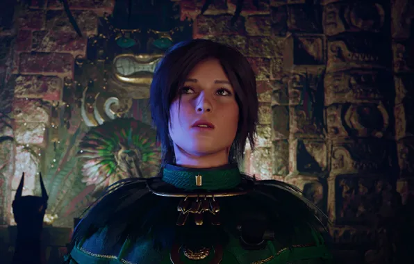 Lara croft, brown eyes, hair, long, green dress, screenshot, shadow of the tomb raider, fresco
