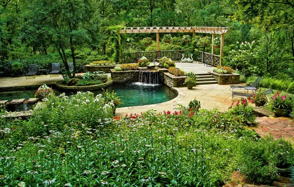 Картинка зелень, деревья, цветы, пруд, парк, США, кусты, Ball Ground Gibbs Gardens