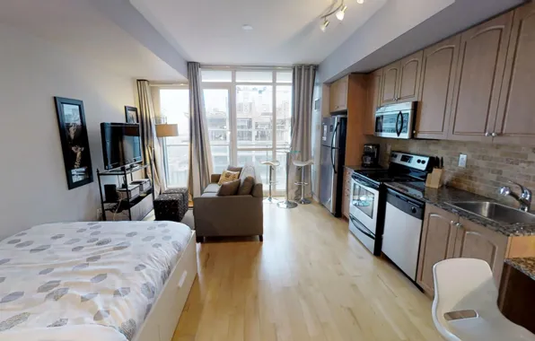 Дизайн, интерьер, кухня, The Bachelor Apartment, мини-спальня, мини-гостиная, мини-столовая, Холостяцкая квартира