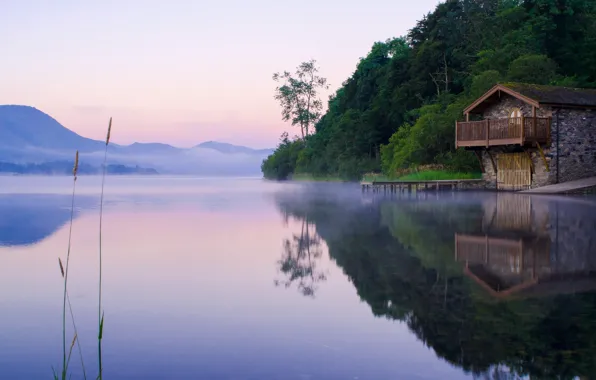 Картинка туман, озеро, отражение, Англия, дымка, Ullswater, эллинг, Алсуотер