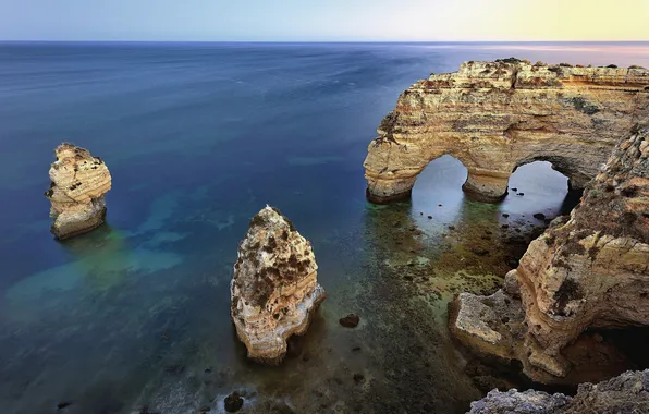 Картинка море, скала, арка, Португалия, Portugal, Algarve, Albandeira Beach