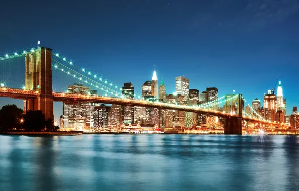 Ночь, мост, город, огни, нью-йорк, new york, бруклинский мост, brooklyn bridge