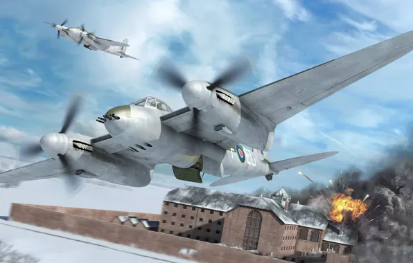 Рисунок, арт, De Havilland Mosquito, британский многоцелевой бомбардировщик, ночной истребитель времён Второй мировой войны