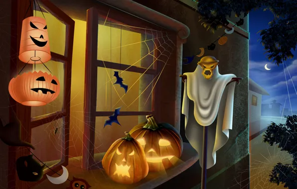Свет, ночь, окно, Halloween, тыква, Хэллоуин, фонарики