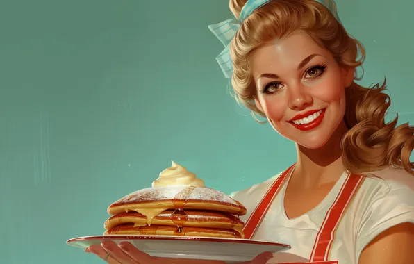 Women, blonde, pancakes, portrait, illustration, teal, 1950s, looking at viewer