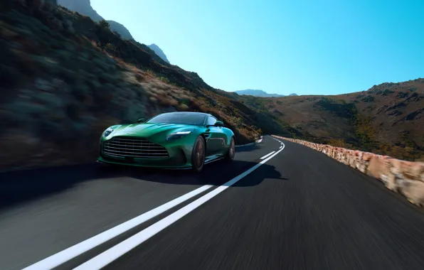 Картинка дорога, горы, зеленый, скалы, Aston Martin, астон мартин, передок, 2023