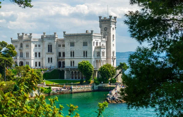 Море, замок, побережье, Италия, Miramare Castle