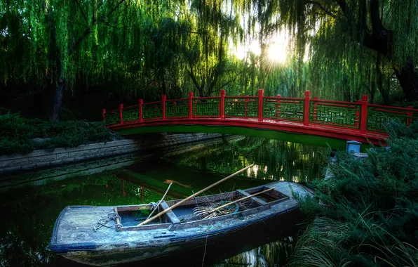 Картинка лес, мост, река, лодка
