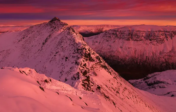 Картинка Winter, Landscape, Sunset, Mountains, Helvellyn