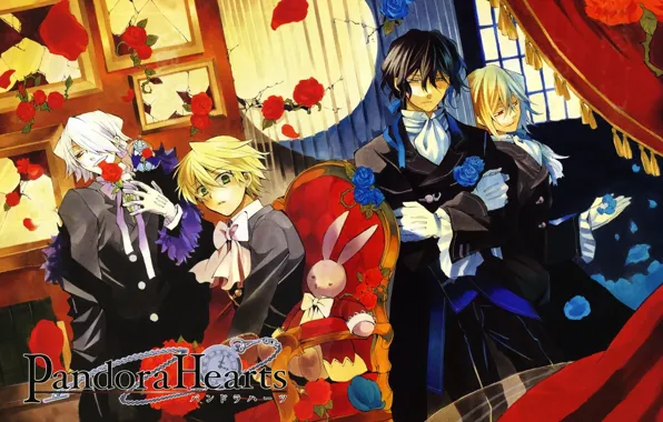 Трещины, часы, розы, кресло, лепестки, кролик, парни, pandora hearts