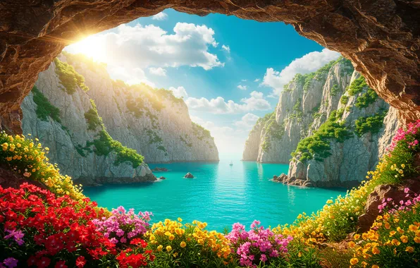 Небо, вода, облака, цветы, горы, обои, арт, wallpaper