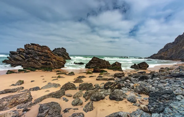 Картинка камни, побережье, Португалия, Praia da Adraga