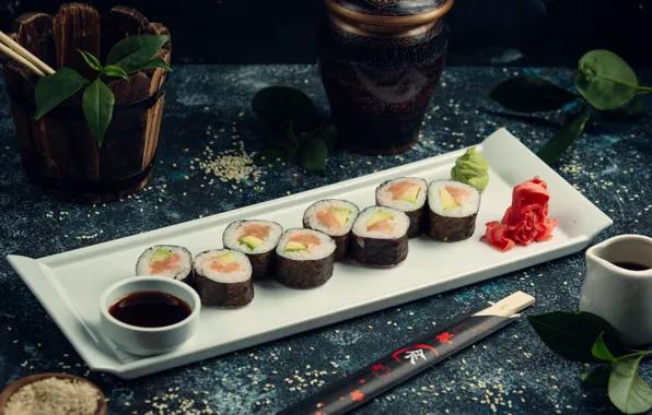 Палочки, тарелка, рис, соус, суши, кунжут, васаби, имбирь