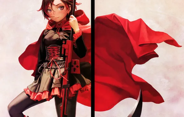 Серый фон, винтовка, красный плащ, шнуровка, мини-юбка, коса смерти, RWBY, Ruby Rose