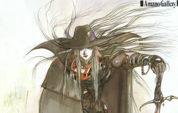 Графика, меч, шляпа, плащ, цветная, охотник, art, Yoshitaka Amano