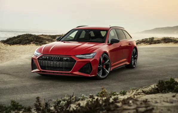 Картинка песок, красный, Audi, универсал, RS 6, 2020, 2019, возле берега