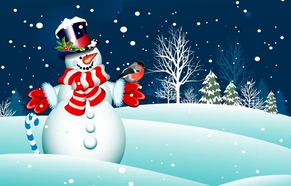 Картинка снег, деревья, новый год, шарф, снеговик, new year, trees, snow