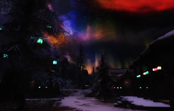 Картинка звезды, снег, деревья, северное сияние, домики, фонари ночь
