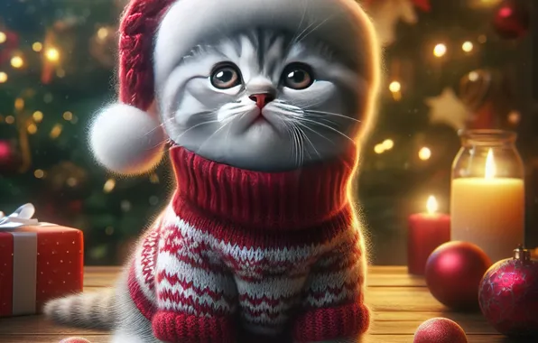Кошка, взгляд, шарики, свет, красный, огни, поза, уют