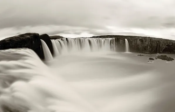 Картинка landscape, nature, water, waterfall, cliff, overcast