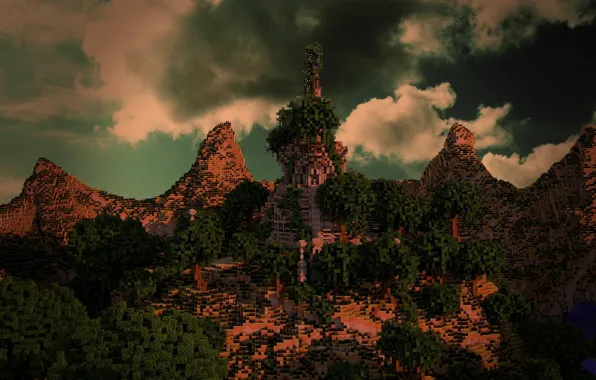 Небо, трава, облака, деревья, горы, блоки, Minecraft