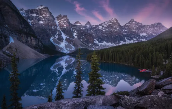 Лес, горы, озеро, отражение, рассвет, утро, Канада, Альберта