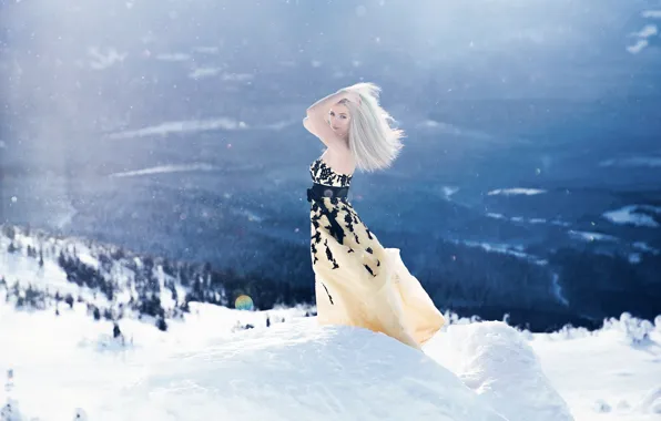 Картинка зима, девушка, свет, снег, горы, поза, настроение, ситуация