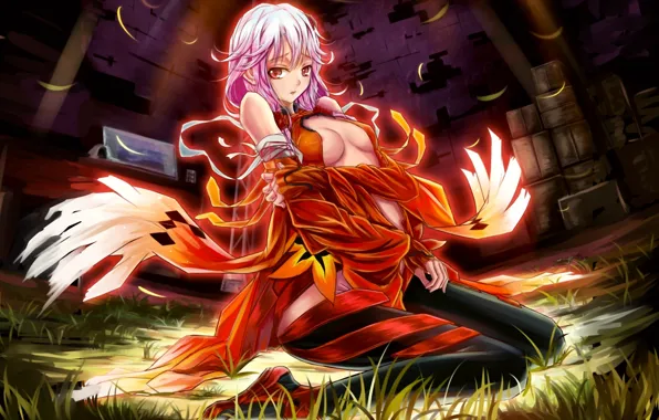 Трава, взгляд, девушка, здание, арт, сидя, guilty crown, yuzuriha inori
