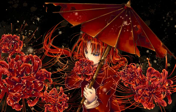 Картинка цветы, зонт, аниме, арт, парень, gintama, kamui, jellyfishome