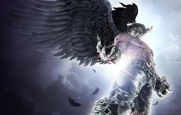 Взгляд, крылья, рога, цепи, черные, Tekken 6, tekken, Jin Kazama