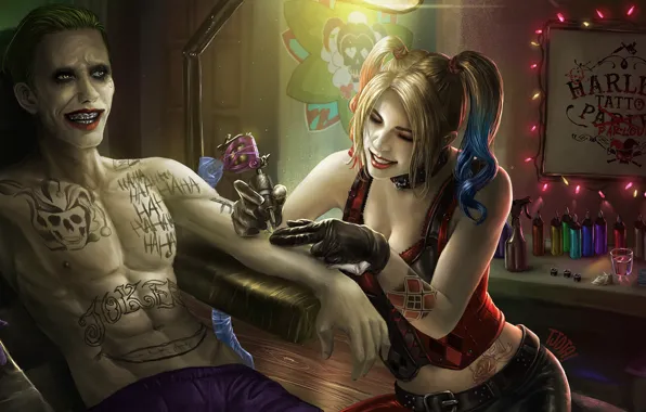 Картинка Joker, tattoo, superheroes, DC Comics, Harley Quinn, tattoo artist
