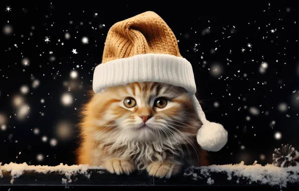 Зима, кошка, снег, котенок, рыжий, Рождество, Новый год, черный фон