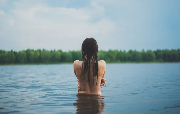 Вода, девушка, природа, модель, волосы, спина, мокрая, плечи