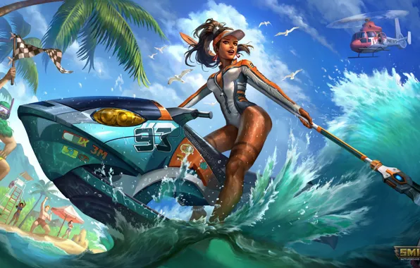 Море, пляж, лето, девушка, катер, Smite, Awilix