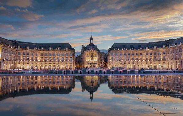 Вода, отражение, Франция, здание, фонтан, архитектура, France, Bordeaux