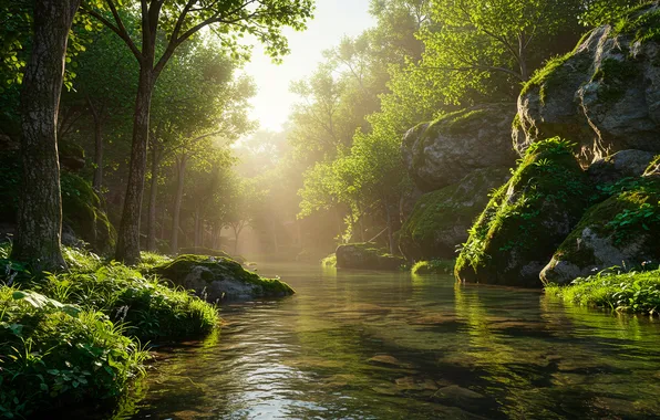 Трава, деревья, река, камни, берег, grass, river, trees