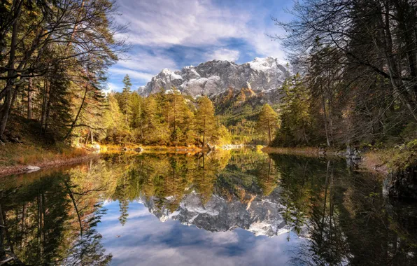 Картинка осень, лес, деревья, горы, озеро, отражение, Германия, Бавария